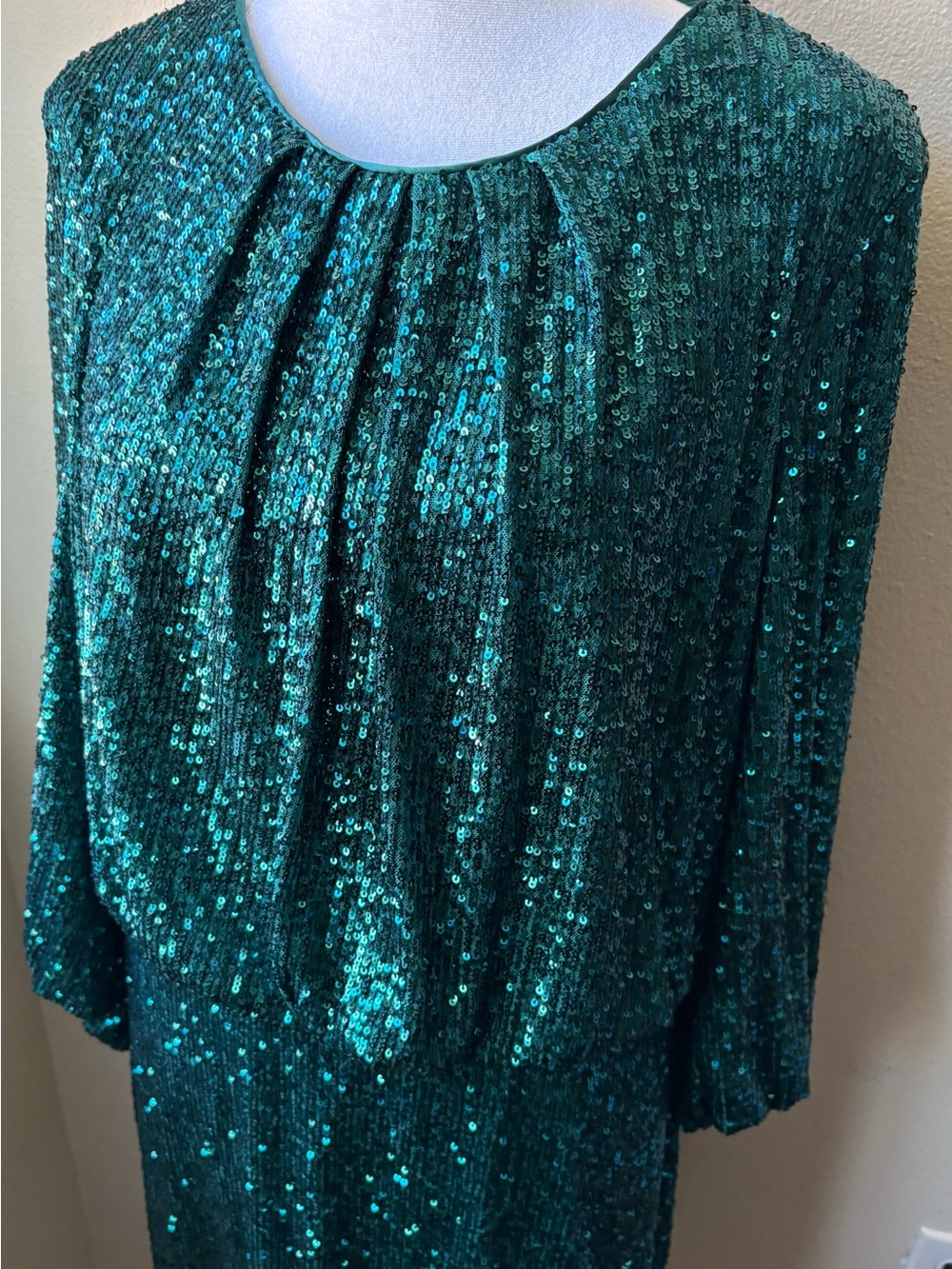Vince Camuto Emerald Green Sequined Balloon Sleeve Sheath Dress Size 12 VCI 3204 - Picture 6 of 16